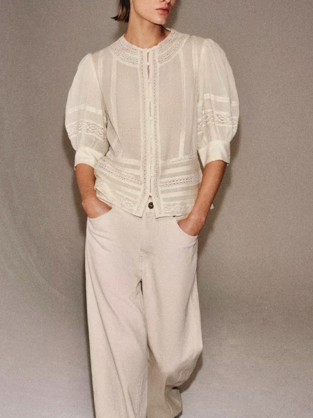 Zara Cream Lace-Trim Puff Sleeve Blouse